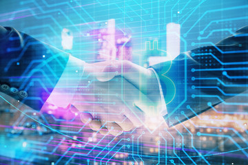 Double exposure of crypto economy theme drawing on cityscape background with handshake. Concept of partnership and blockchain