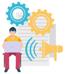 Man sits on chair and type on notebook, blank sheet of paper, gear cogwheel and loudspeaker. Vector business education concept, financial issues and ideas. Project management. Flat cartoon