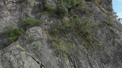 Quadcopter rises above a steep cliff covered with coniferous trees and green grass, and the view opens to a calm blue sea and blue sky with rare white clouds