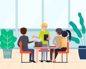 Group of people or workers sitting around table and discussing work issues. Office teamwork or business meeting, employees communication, manager report. Flat cartoon