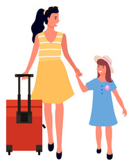 Traveling family vector, isolated woman and girl kid. Child with mother, daughter and mom with luggage traveling on vacation, weekends of people flat