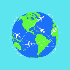 Aviation routes around the world as a symbol of global travel and business. Colorful planet earth on blue background with abstract airplane routes around it. Vector illustration