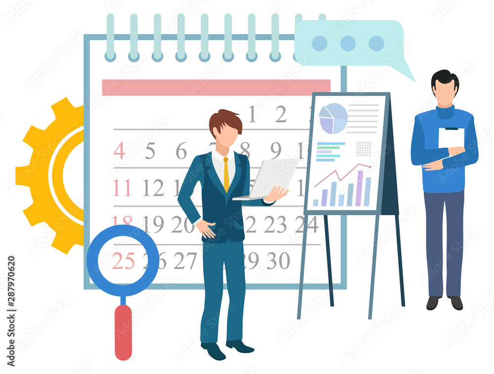 Poster deadline and time management vector, business organization of work. calendar with dates, magnifying 