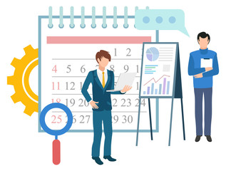 Deadline and time management vector, business organization of work. Calendar with dates, magnifying glass and whiteboard with charts and data visual. Flat cartoon