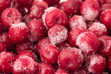 Group of frozen cherries close up. Macro shot