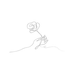 continuous line drawing of hand holding rose flower. isolated sketch drawing of hand holding rose flower line concept. outline thin stroke vector illustration