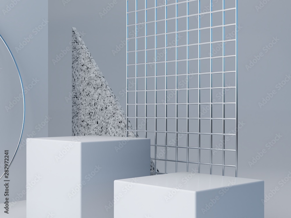 Poster minimal scene with podium and abstract background. geometric shapes. blue colors scene. minimal 3d r