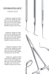 Dentist equipment: dental mirror, explorer, kornzange, forceps. Dental tools on white background with copy space for your text with sample, mockup