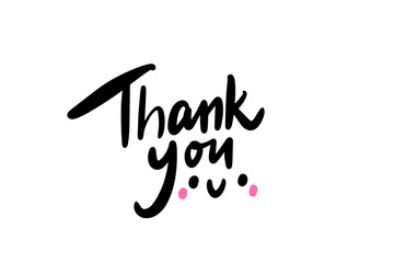 Thank you hand drawn vector lettering with smiling face cartoon style