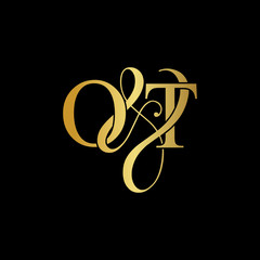 Initial letter O & T OT luxury art vector mark logo, gold color on black background.