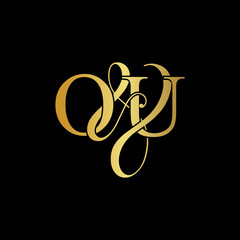 Initial letter O & U OU luxury art vector mark logo, gold color on black background.