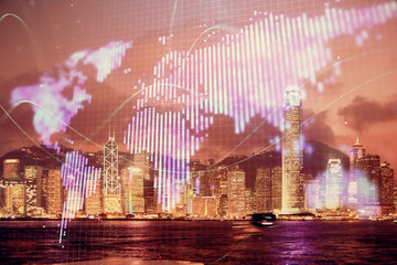 Double exposure of business theme hologram drawing and city veiw background. Concept of success.