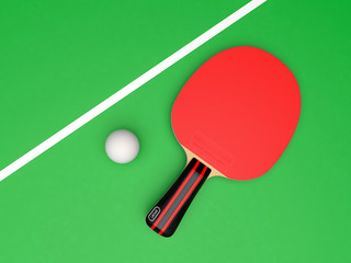 Red table tennis racket with ball. On green background