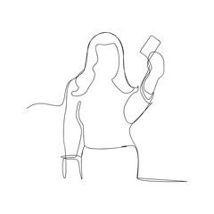 continuous line drawing of woman showing cit card. isolated sketch drawing of woman showing cit card line concept. outline thin stroke vector illustration
