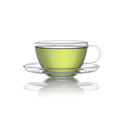 green tea in transparent glass cup, isolated on white background, mirror reflection