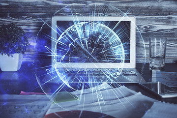 Multi exposure of business theme icons and table with computer background. Concept of success.