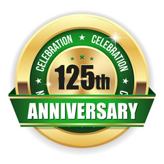 Gold 125th anniversary badge with green ribbon on white background