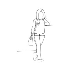 continuous line drawing of walking woman reading smart phone. isolated sketch drawing of walking woman reading smart phone line concept. outline thin stroke vector illustration