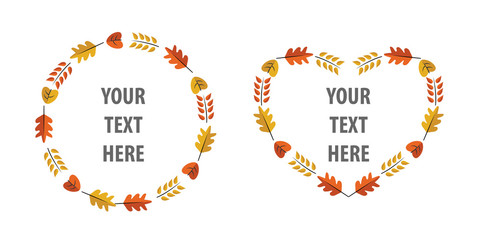 Vector Autumn frame. Flat autumn illustration isolated on white background. Colorful autumn wreath. Design elements for invitations, greeting cards, quotes, blogs, posters, banners