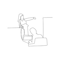 continuous line drawing of woman talking in the office. isolated sketch drawing of woman talking in the office line concept. outline thin stroke vector illustration