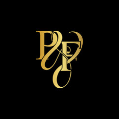 Initial letter P & F PF luxury art vector mark logo, gold color on black background.