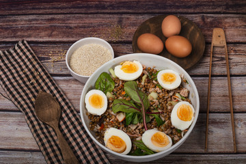 Lentil salad with vegetable sprouts and hard boiled egg. Healthy life style. Healthy diet.