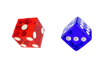 Two playing cubes of red and blue glass with sharp and round edges isolated on a white background / set for collage