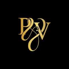 Initial letter P & V PV luxury art vector mark logo, gold color on black background.