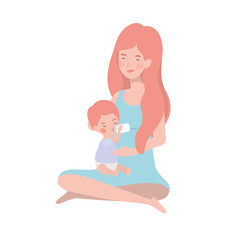 cute pregnancy mother seated with little boy characters