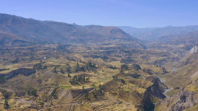 Aerial panorama of Colca Canyon and its inca terraces, Colca Valley, Arequipa, Peru