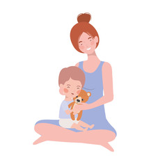 cute pregnancy mother seated with little boy characters