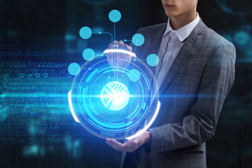 The concept of business, technology, the Internet and the network. A young entrepreneur working on a virtual screen of the future and sees the inscription: