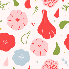 Stylised vector illustration of garlic, hand drawn sketch style. Drawing made as repeat background. Colorful seamless vector pattern of vegetable cooking ingredients with seasoning for kitchen textile