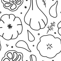 Stylised vector illustration of garlic in hand drawn sketch style. Line drawing made as repeat background. Linear contour seamless vector pattern of vegetable cooking ingredients with seasoning.