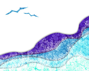 Seascape with birds. Collage of watercolor stains. Hand-drawn illustration for travel design, background, template, advertisement, summer holiday, travel