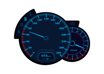 Car speedometer with tachometer. Speedometer with neon lights. Vector round speedometer isolated on a white background.