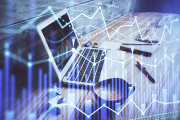 Multi exposure of forex chart and work space with computer. Concept of international online trading.