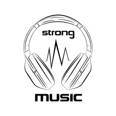 Vector illustration on a music theme. Headphones black drawing, strong music. Stylish headphone icon.