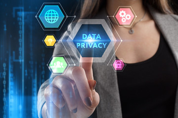 The concept of business, technology, the Internet and the network. A young entrepreneur working on a virtual screen of the future and sees the inscription: Data privacy