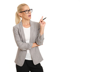 Business woman in grey jacket isolated on white background.
