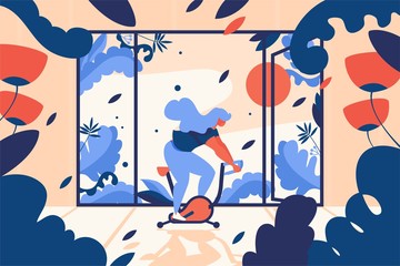 Sport vector illustration with young woman riding exercise stationary bike in room full of leaves and flowers. Large window with open door. Bright training interior scene in blue and orange colors