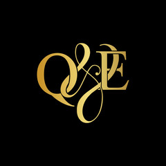 Initial letter Q & E QE luxury art vector mark logo, gold color on black background.
