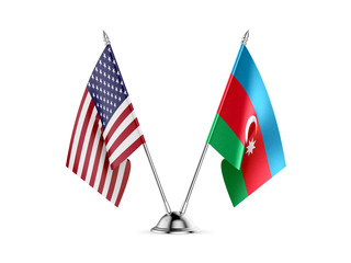 Desk flags, United States  America  and Azerbaijan, isolated on white background. 3d image