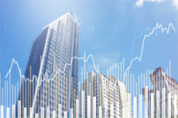 Stock market graph with volume indicator in modern business Skyscraper, concept for stock trading and financial markets