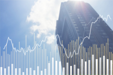 Stock market graph with volume indicator in modern business Skyscraper, concept for stock trading...