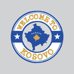 Vector stamp of welcome to Kosovo with map outline of the nation in center.