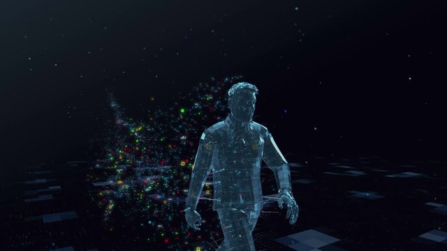 Abstract digital man walks in digital space generating a cloud of color data symbols of particles gathering in a big data. The concept of bigdata big brother digital spy. Privacy end. Anonymous data