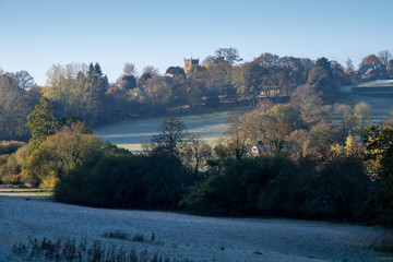 Morning frost in late autumn with fields and trees near Shenington, Oxfordshire