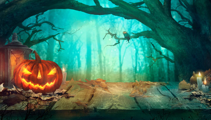 Halloween with Pumpkins and Dark Forest