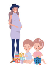 cute pregnancy mother with little kids characters